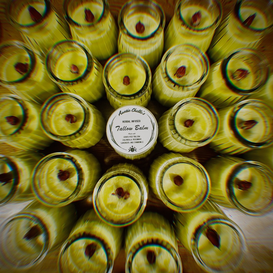 A finished batch of Tallow Balm jars, seen from above